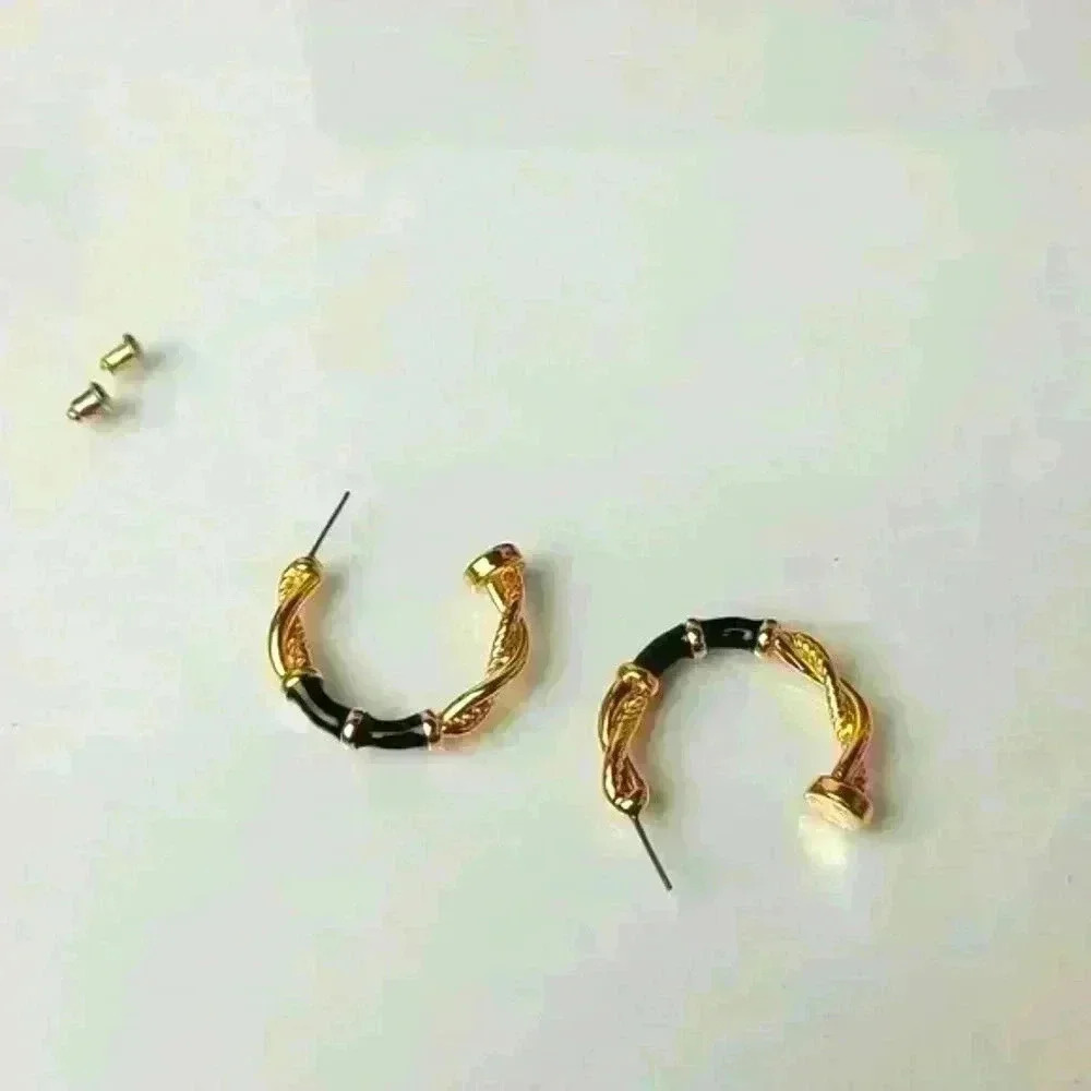 Vintage gold tone black enamel tested half circle earrings